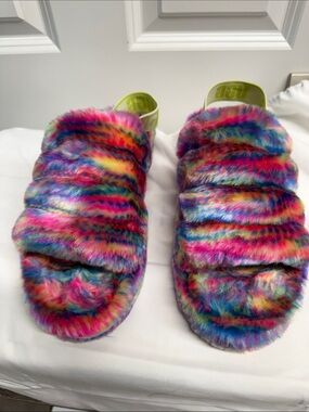 UGG Neon Rainbow Faux-Fur Slide Sandals